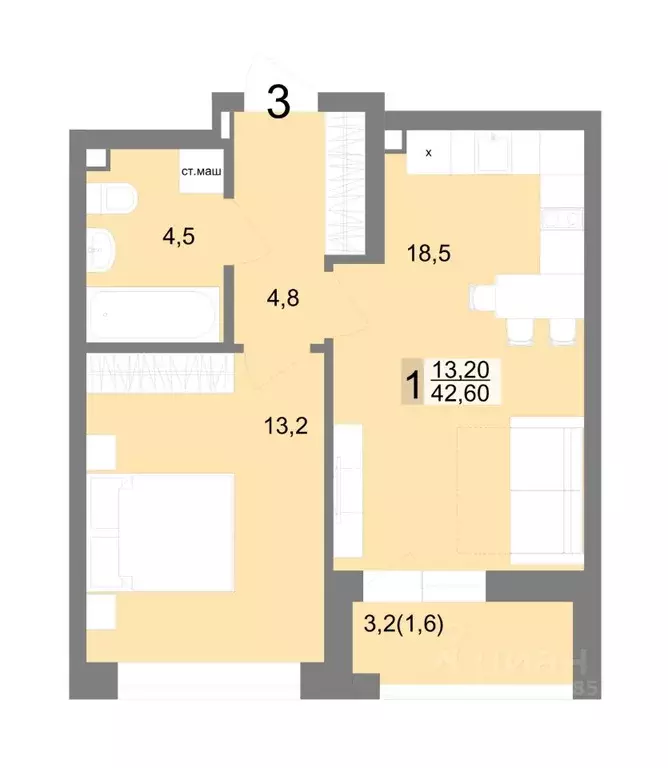 1-к кв. Свердловская область, Екатеринбург ул. Семена Лагоды, 80 (42.6 ... - Фото 1