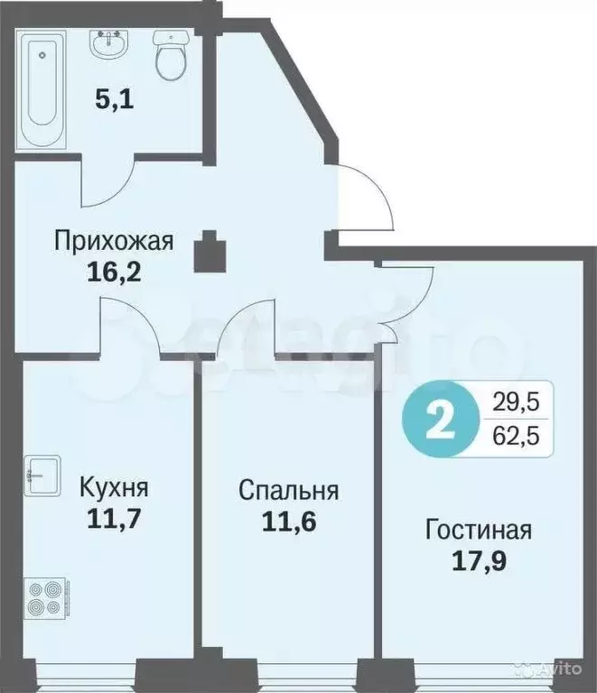 2-к. квартира, 62,7 м, 1/13 эт. - Фото 1