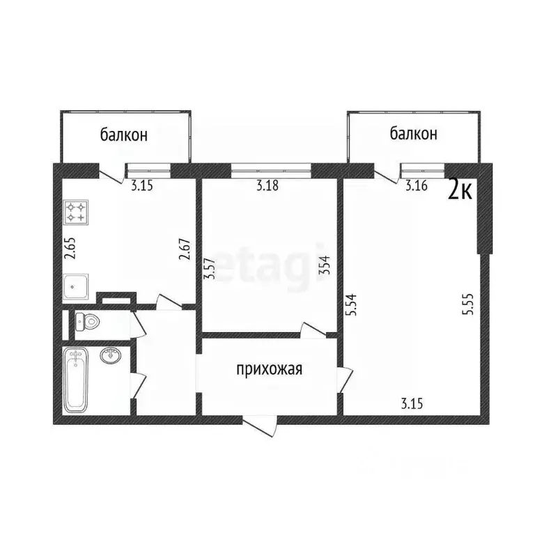 2-к кв. Белгородская область, Белгород ул. Есенина, 46а (50.8 м) - Фото 2