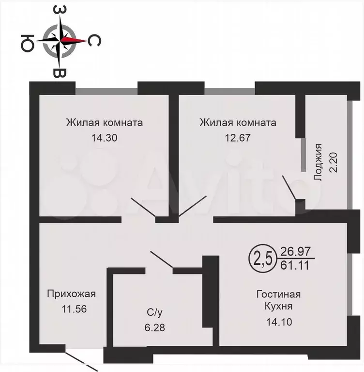 2-к. квартира, 61,1 м, 12/18 эт. - Фото 0