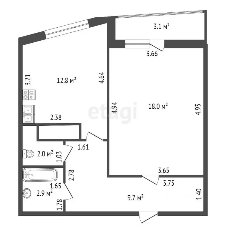 1-к кв. Санкт-Петербург ул. Бутлерова, 9к3 (45.4 м) - Фото 1