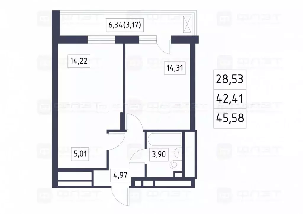2-к кв. Татарстан, Казань проезд Детский, 8 (45.6 м) - Фото 2