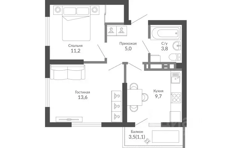 2-к кв. Краснодарский край, Новороссийск Облака 2 ЖК, (44.4 м) - Фото 1