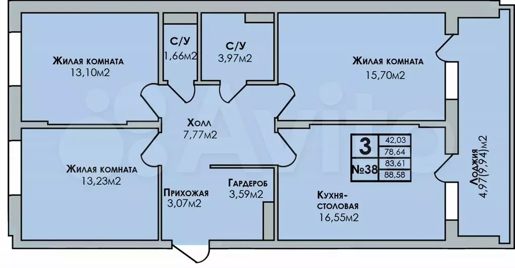 3-к. квартира, 88,6 м, 4/7 эт. - Фото 0