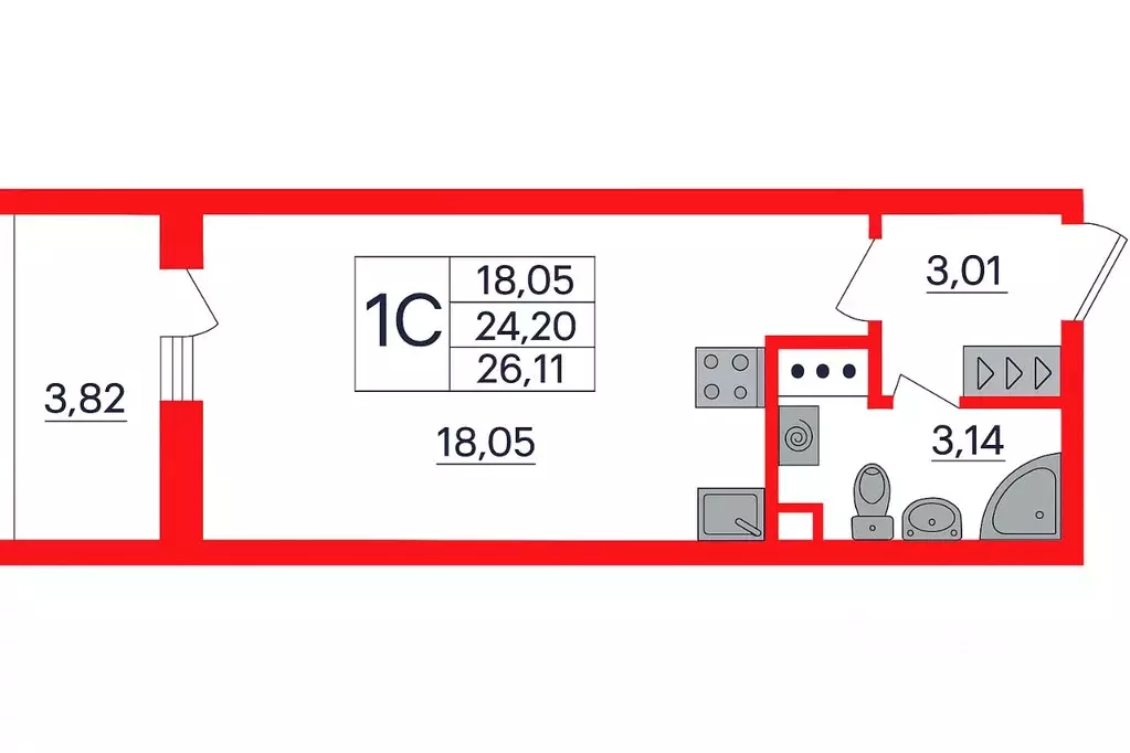 Студия Санкт-Петербург просп. Буденного, 19к2 (26.11 м) - Фото 1