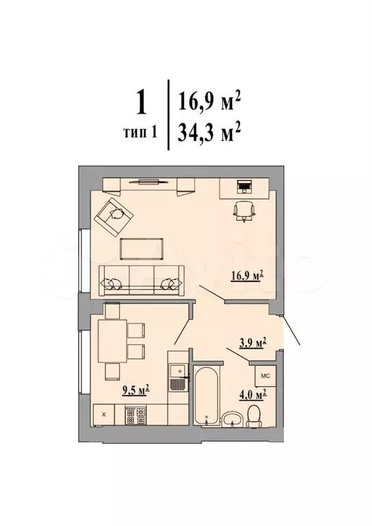 1-к. квартира, 34,3м, 1/6эт. - Фото 0