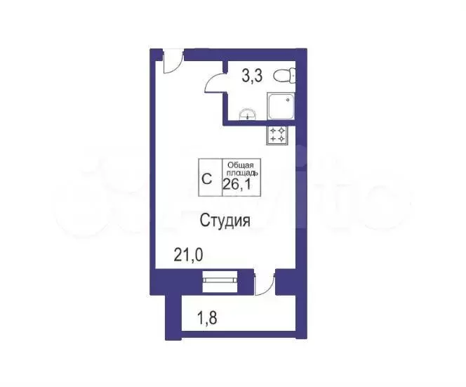 Квартира-студия, 26,1 м, 5/10 эт. - Фото 1