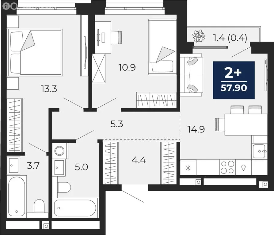 2-комнатная квартира: Тюмень, Ленинский округ (58.48 м) - Фото 0