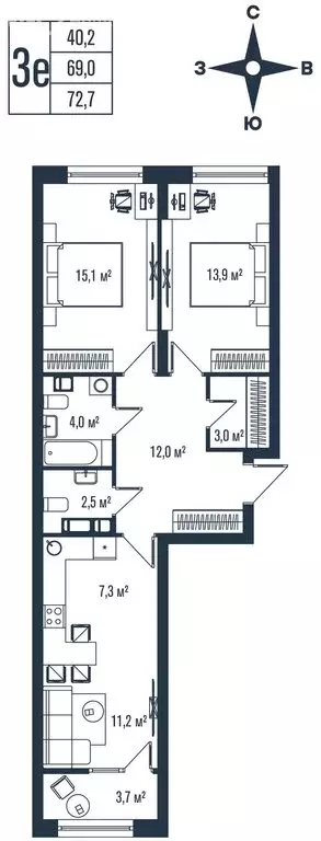 3-комнатная квартира: Владивосток, улица Тухачевского, 33к2 (72.7 м) - Фото 1