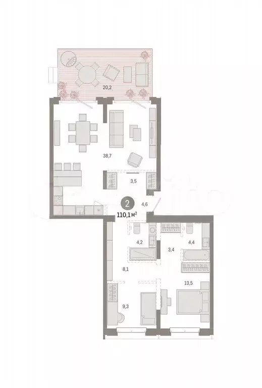 2-к. квартира, 110,1 м, 2/11 эт. - Фото 1