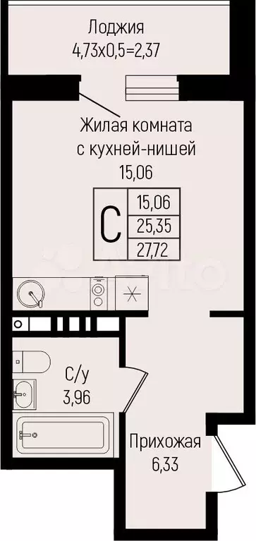 Квартира-студия, 27,7 м, 8/15 эт. - Фото 0