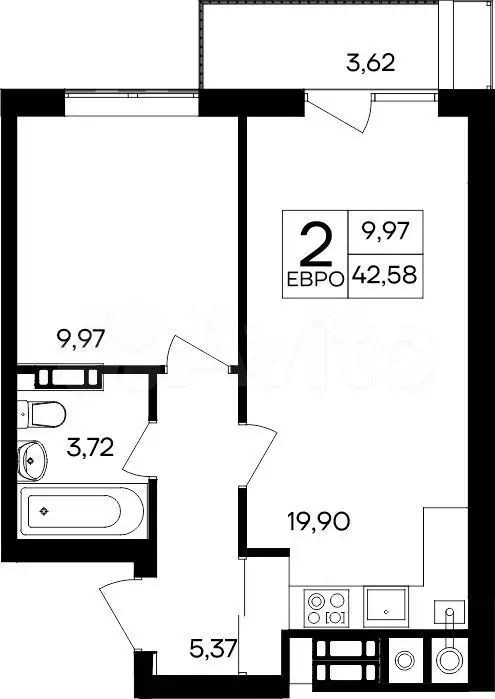 1-к. квартира, 42,6 м, 6/8 эт. - Фото 1