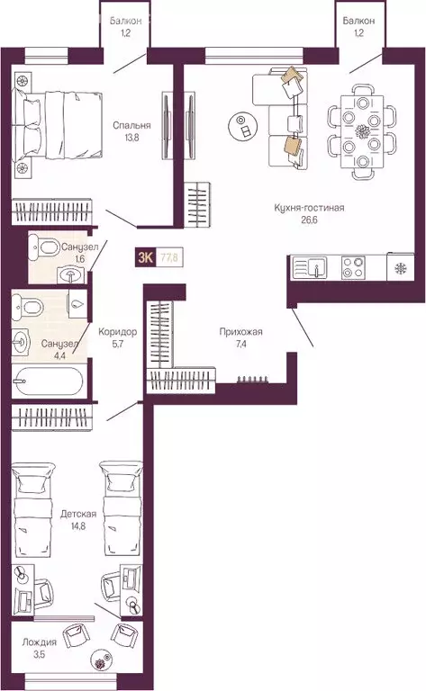 2-комнатная квартира: Нижний Новгород, Нижегородский район (76.9 м) - Фото 1