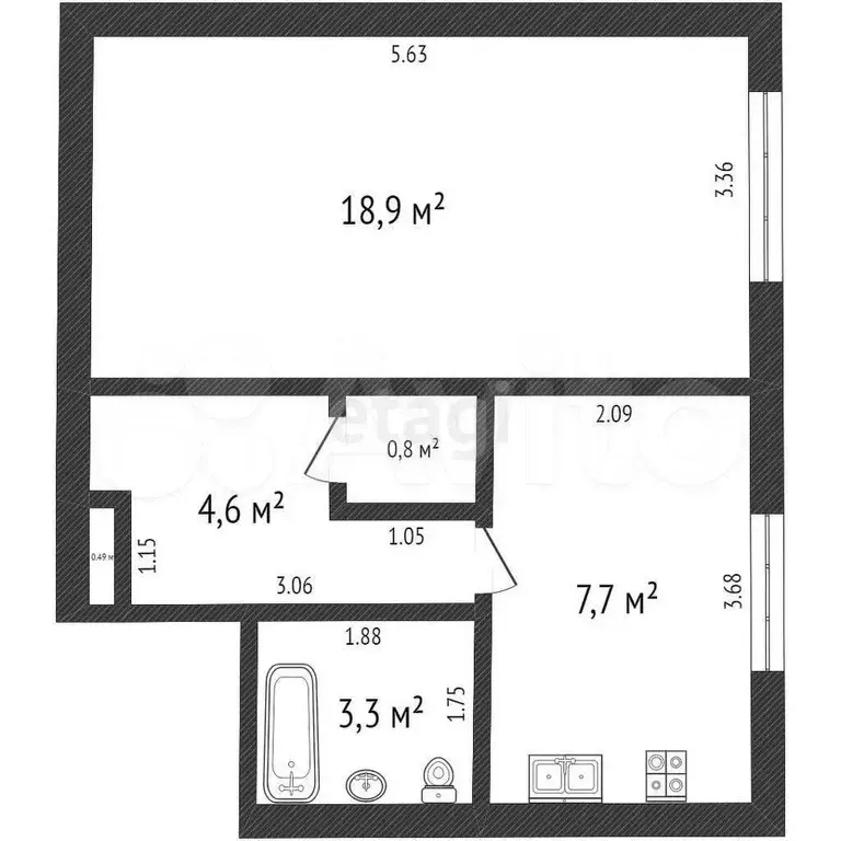 1-к. квартира, 35,3 м, 1/5 эт. - Фото 1