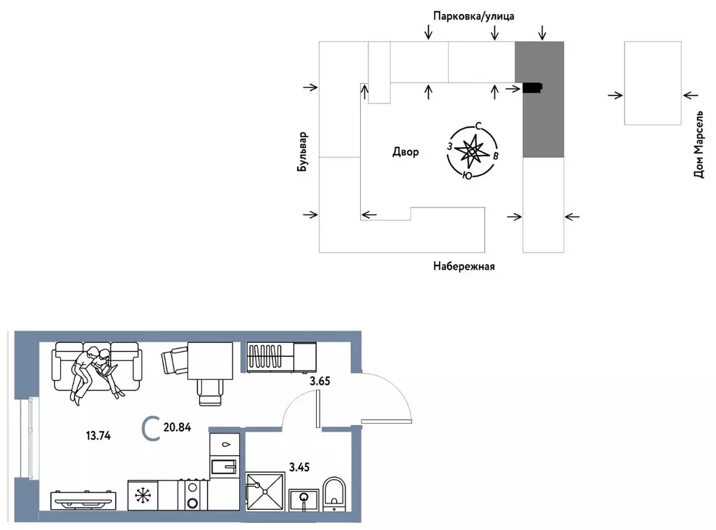 Студия Тюменская область, Тюмень Береговая ул., 100к2 (20.84 м) - Фото 1