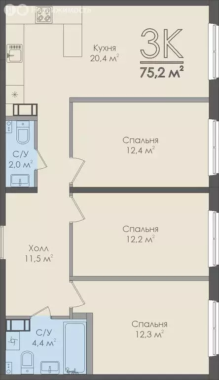 3-комнатная квартира: великий новгород, нехинская улица, 20 (75.2 м) - Фото 0