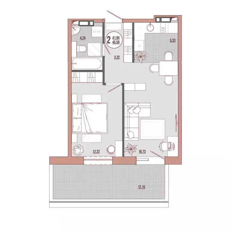 2-к кв. Приморский край, Владивосток ул. Адмирала Юмашева (45.59 м) - Фото 1