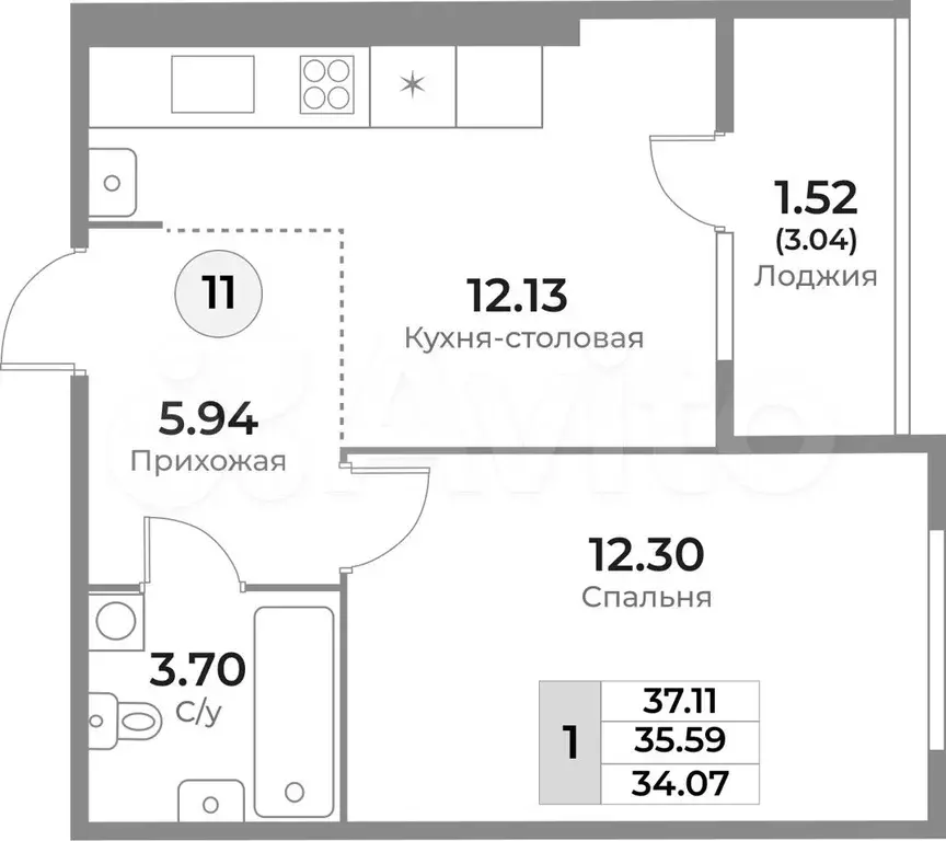 1-к. квартира, 35,6 м, 3/10 эт. - Фото 0