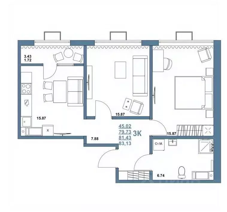 3-к кв. Челябинская область, Челябинск ул. Блюхера, 126 (81.0 м) - Фото 1