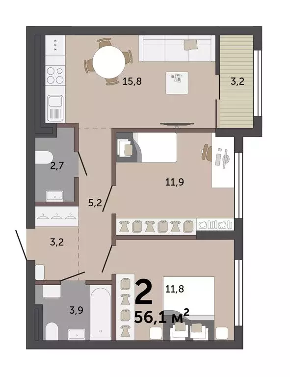 2-комнатная квартира: Екатеринбург, улица Краснолесья, 10/6 (55.7 м) - Фото 1
