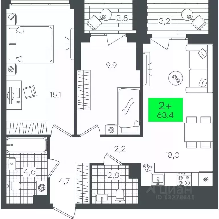 2-к кв. Тюменская область, Тюмень ул. Василия Малкова, 19 (63.49 м) - Фото 0