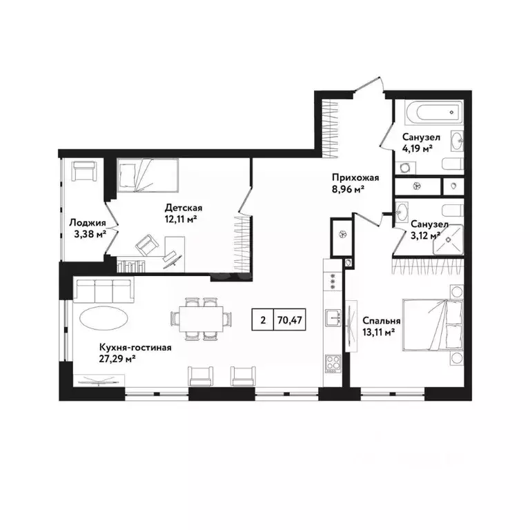 2-к кв. Тульская область, Тула ул. Седова, 26к1 (73.7 м) - Фото 2