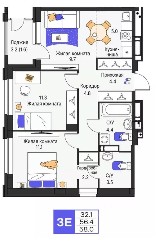 3-к кв. Пермский край, Пермь ул. Карла Модераха, 7 (58.0 м) - Фото 1