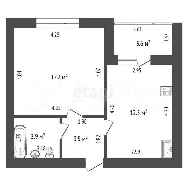 1-к. квартира, 38,9 м, 7/9 эт. - Фото 0