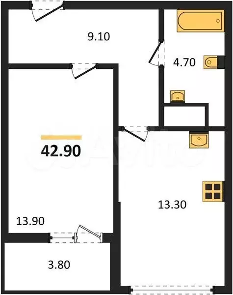 1-к. квартира, 42,9 м, 3/4 эт. - Фото 1