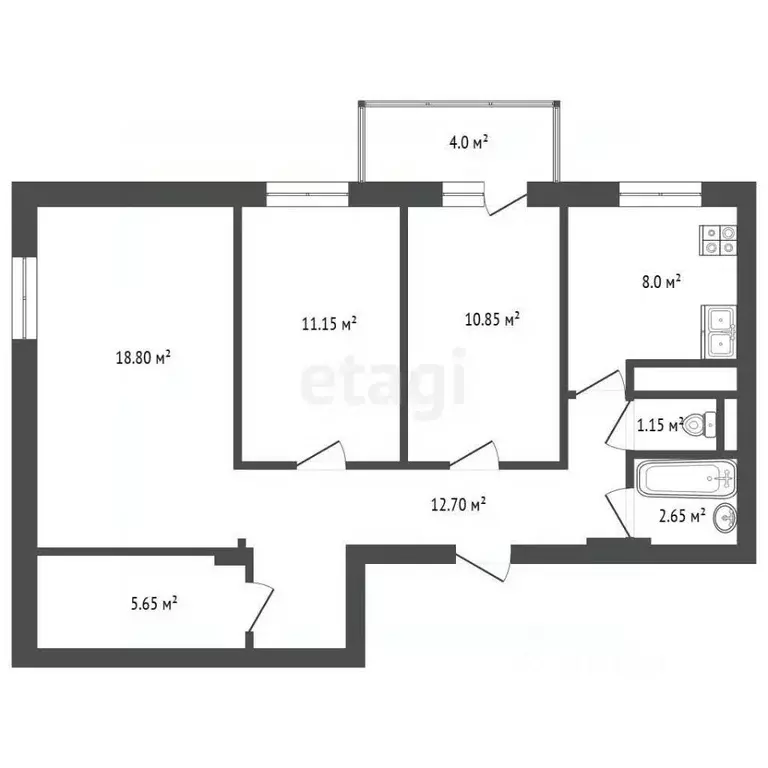 3-к кв. Тюменская область, Тюмень ул. Станислава Карнацевича, 7 (70.8 ... - Фото 1