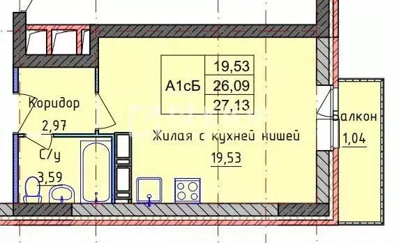 Студия Ярославская область, Ярославль ул. Пашуковская, 11 (27.13 м) - Фото 2