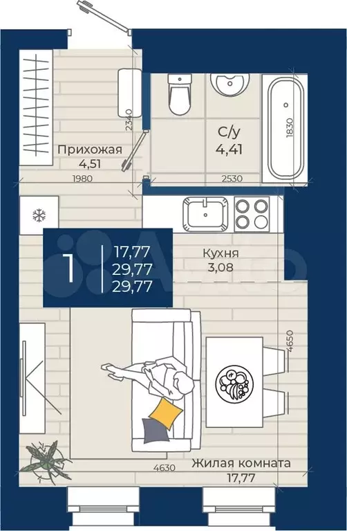 Квартира-студия, 29,8 м, 10/20 эт. - Фото 0