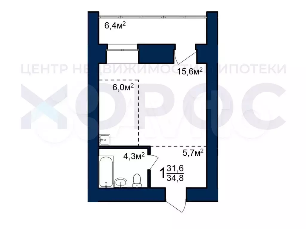 Квартира-студия, 34,8 м, 2/12 эт. - Фото 0