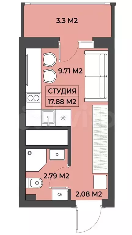 Апартаменты-студия, 17,9 м, 6/19 эт. - Фото 0