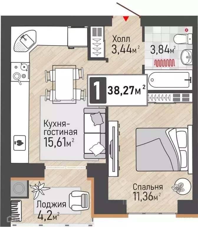 1-к кв. Рязанская область, Рыбное ул. Крымская, 15 (38.27 м) - Фото 1