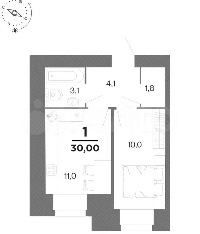 1-к. квартира, 30 м, 1/16 эт. - Фото 0