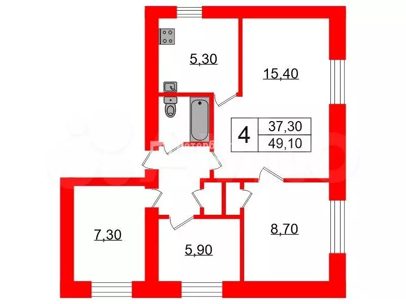 4-к. квартира, 49,1 м, 5/5 эт. - Фото 0