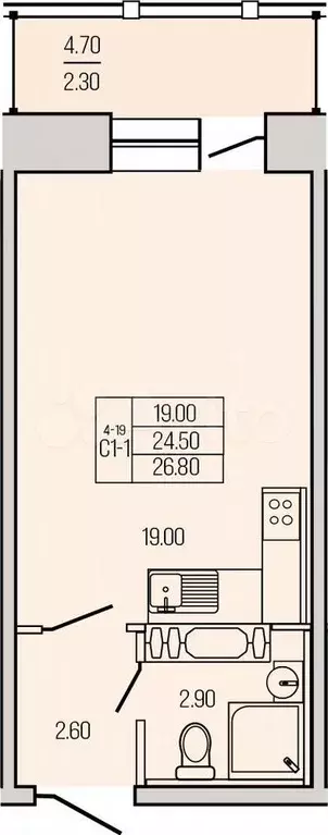 Квартира-студия, 26,8 м, 7/21 эт. - Фото 1