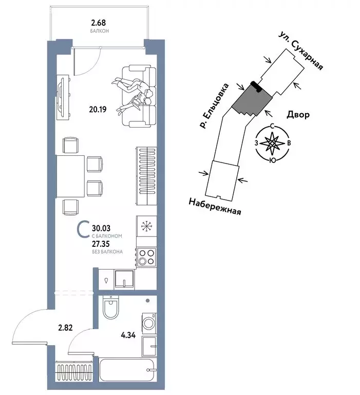 Квартира-студия: Новосибирск, Сухарная улица, 109/2 (30.03 м) - Фото 0