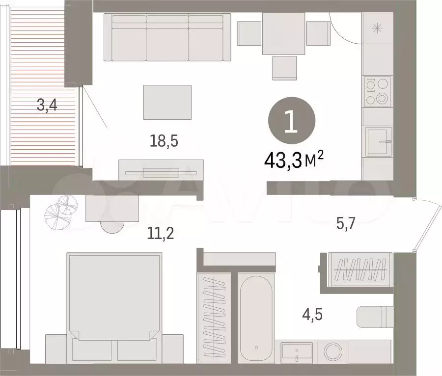 1-к. квартира, 43,3 м, 7/9 эт. - Фото 1