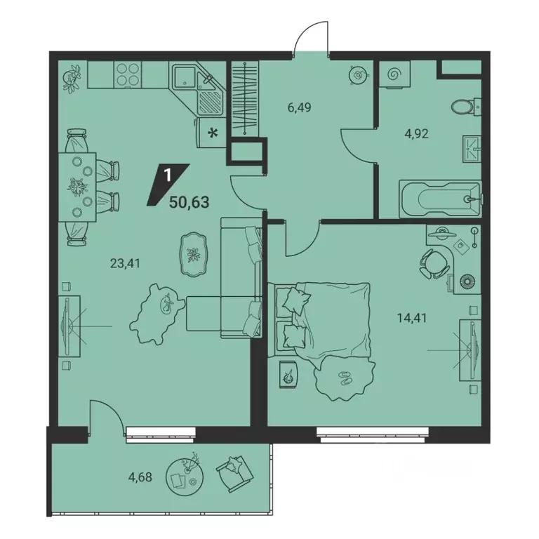 1-к кв. Свердловская область, Екатеринбург ул. Громова, 26/3 (50.63 м) - Фото 1
