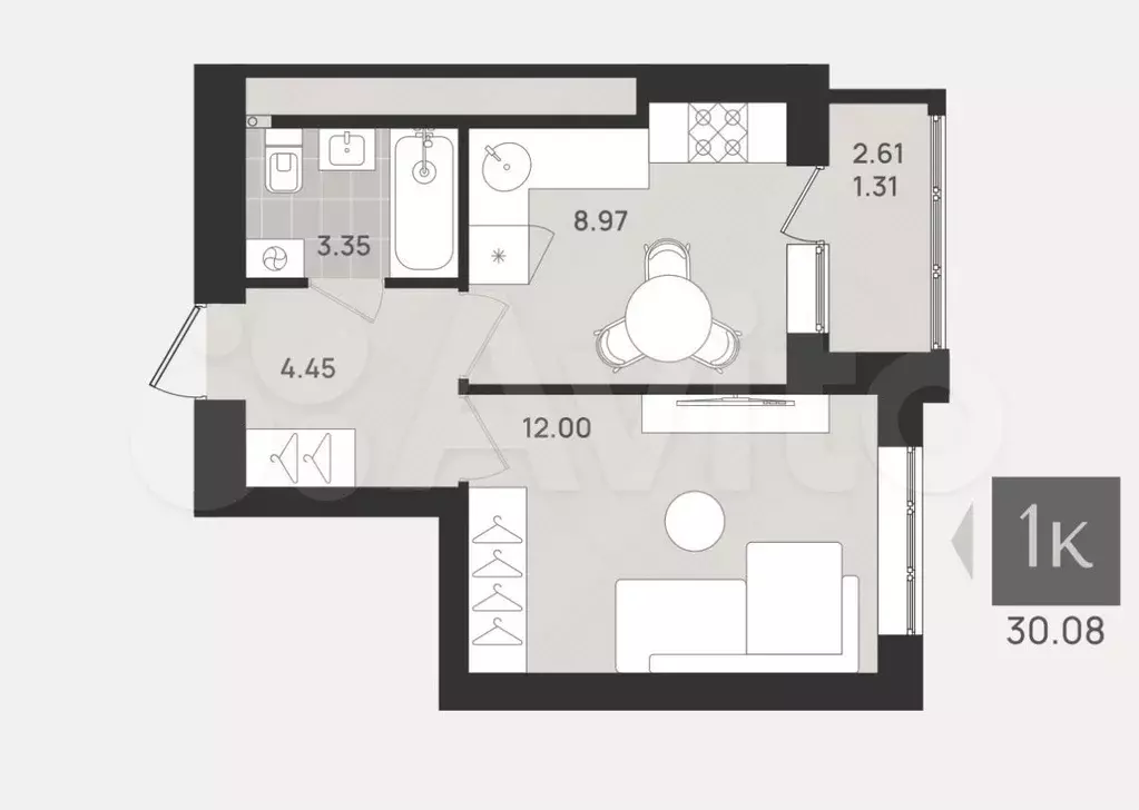 1-к. квартира, 30 м, 4/9 эт. - Фото 1