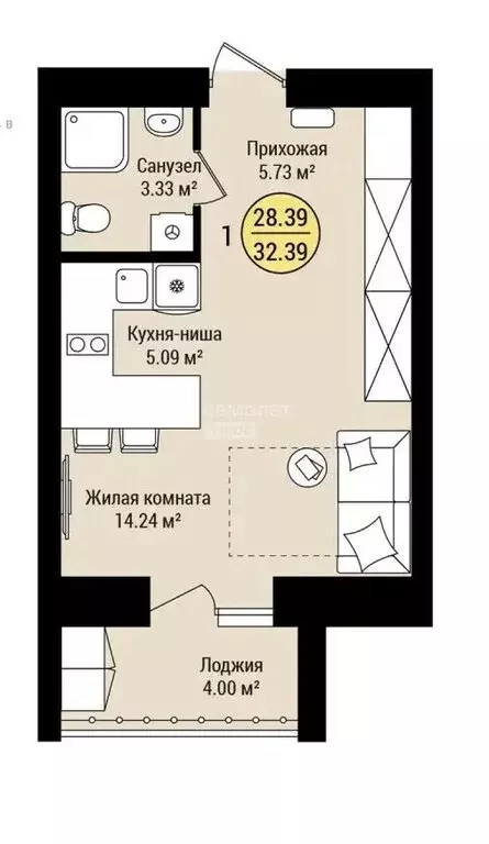 1-комнатная квартира: село Семёновка, Молодёжная улица, 17 (32.39 м) - Фото 1