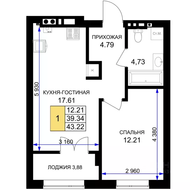 1-к кв. Калининградская область, Гурьевск Включи жилой комплекс (43.22 ... - Фото 0