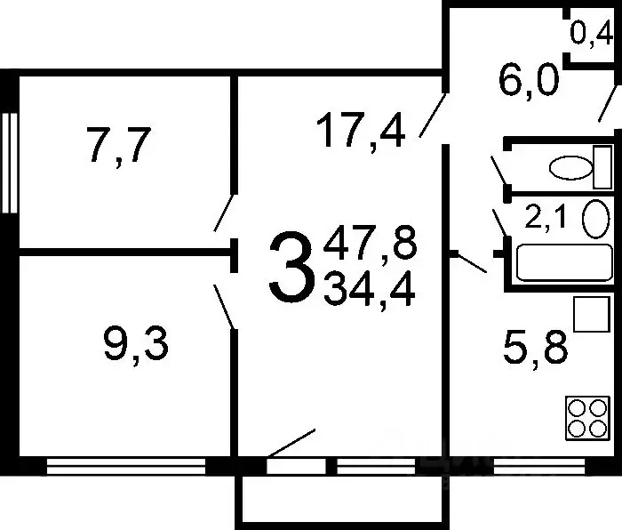 3-к кв. Томская область, Томск ул. Бела Куна, 22 (48.0 м) - Фото 1