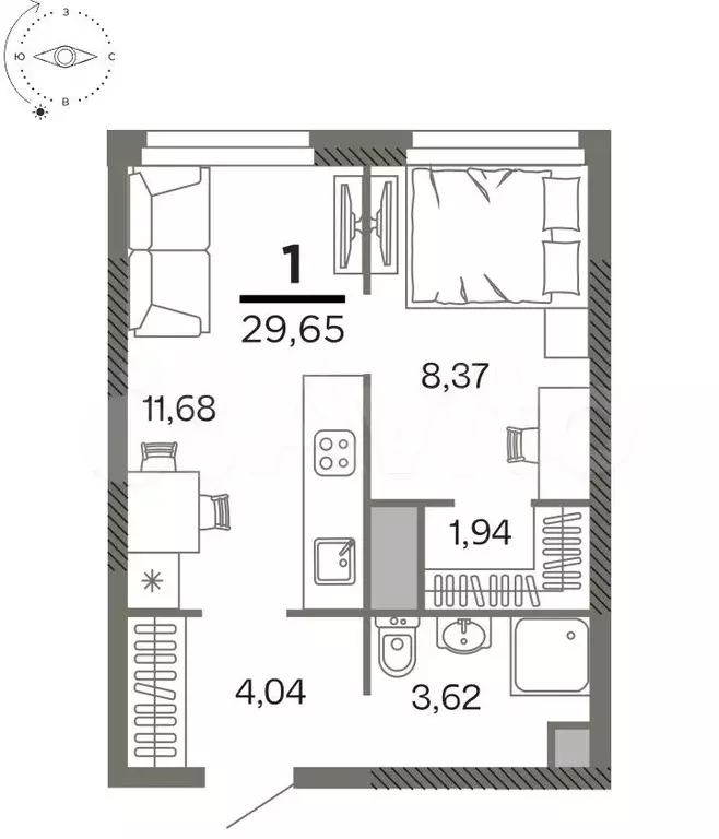 1-к. квартира, 29,7м, 16/26эт. - Фото 0