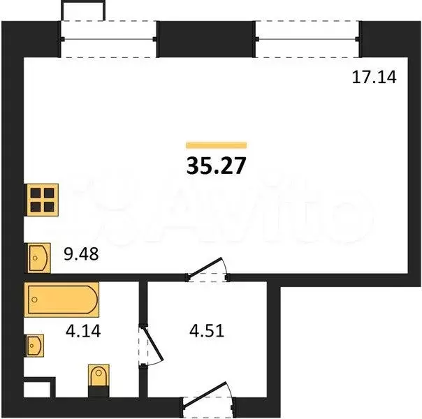 Квартира-студия, 35,3 м, 6/10 эт. - Фото 1