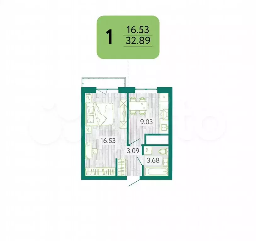 1-к. квартира, 32,9 м, 6/9 эт. - Фото 0