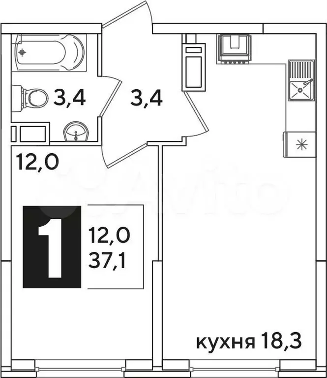 1-к. квартира, 37,1 м, 14/16 эт. - Фото 0