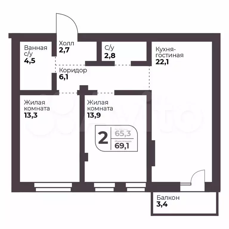 2-к. квартира, 65,3 м, 4/9 эт. - Фото 0